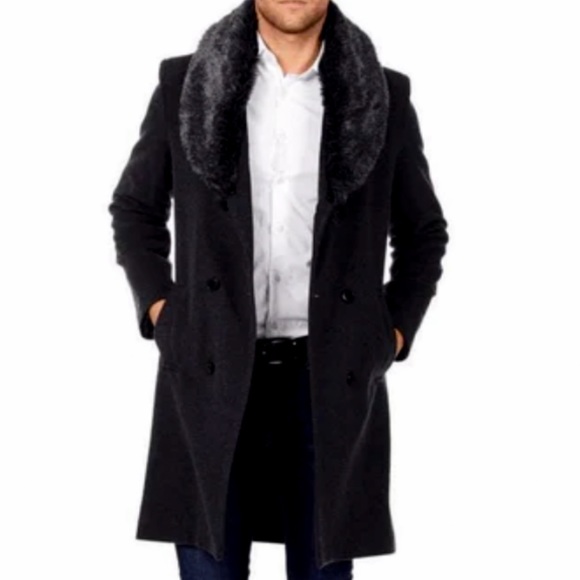 Double Breasted Wool Coat with Faux fur Collar in Black, size Small. Brand New! - Picture 5 of 11